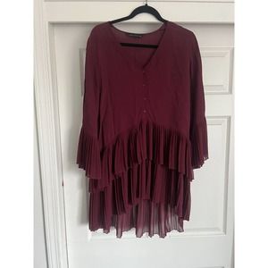 ZARA Woman Contrasting Pleated Buttoned Blouse Dress Tunic Burgundy Size Small